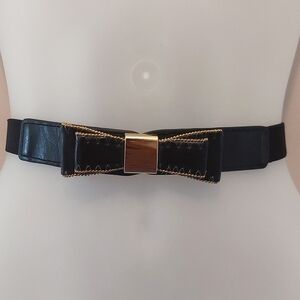 Black and Gold Double Bow Faux Leather Elasticized Stretch Belt One Size
